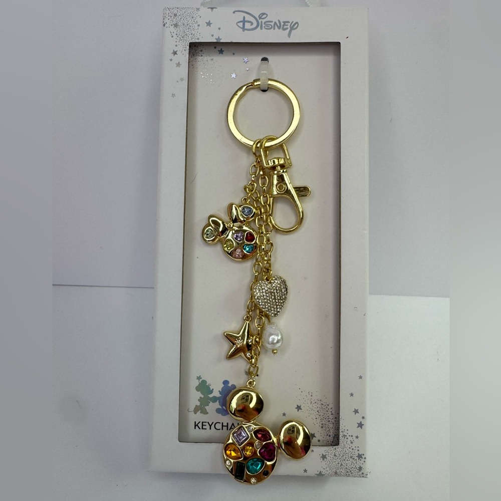 Disney Gold Tone Mickey and Minnie Mouse Charm Keychain